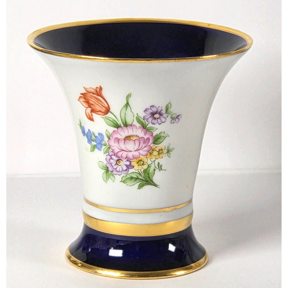 Royal Dux Bohemia Floral Vase Cobalt Gold Trim Czech Porcelain Small‎